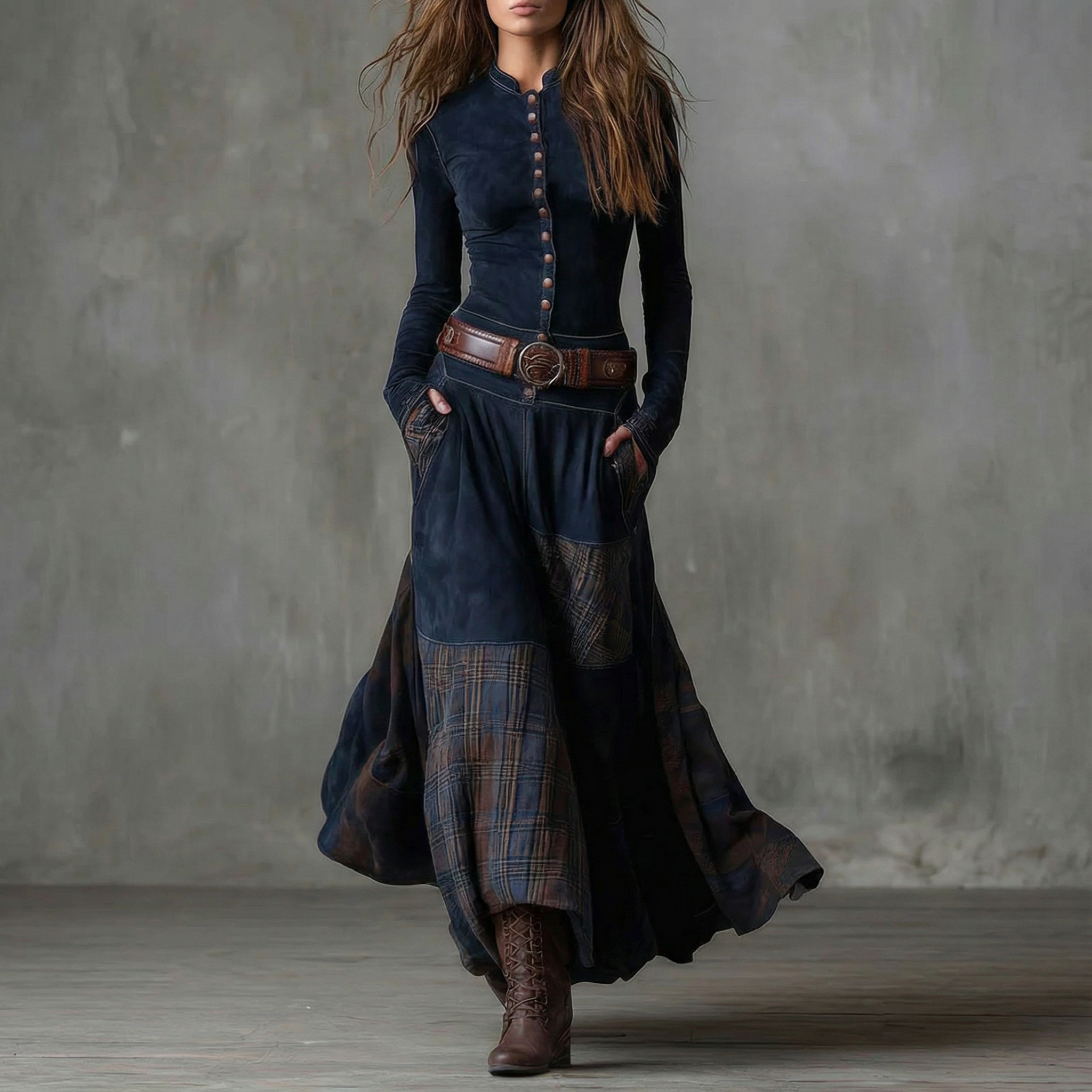 LEONORA™ | Vestido largo de ante a cuadros (incluye cinturón)