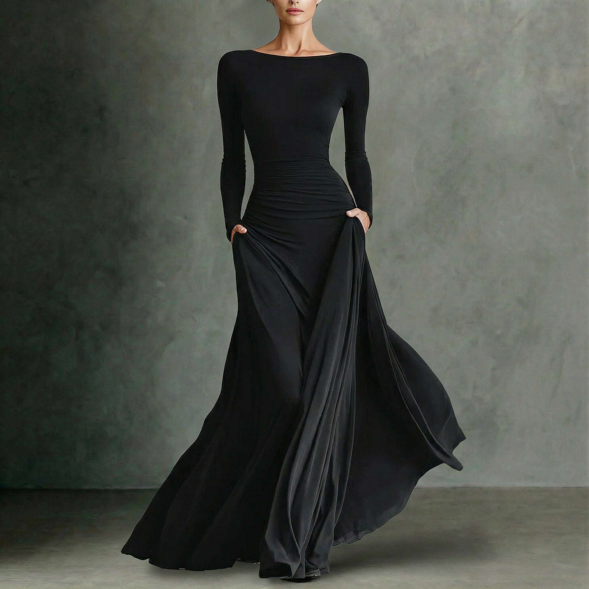 FIORELLA™ | Moderno vestido largo de crepé negro