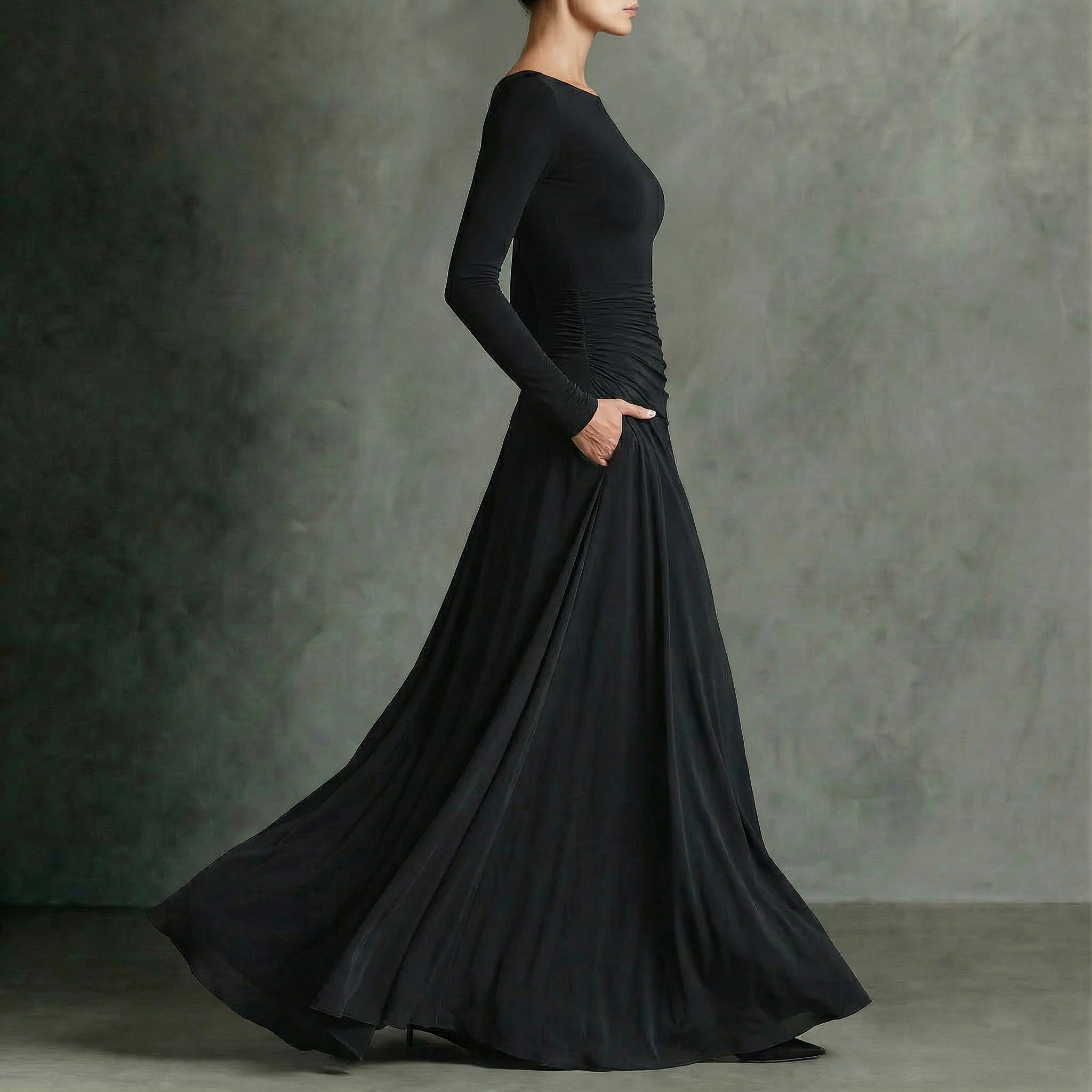 FIORELLA™ | Moderno vestido largo de crepé negro