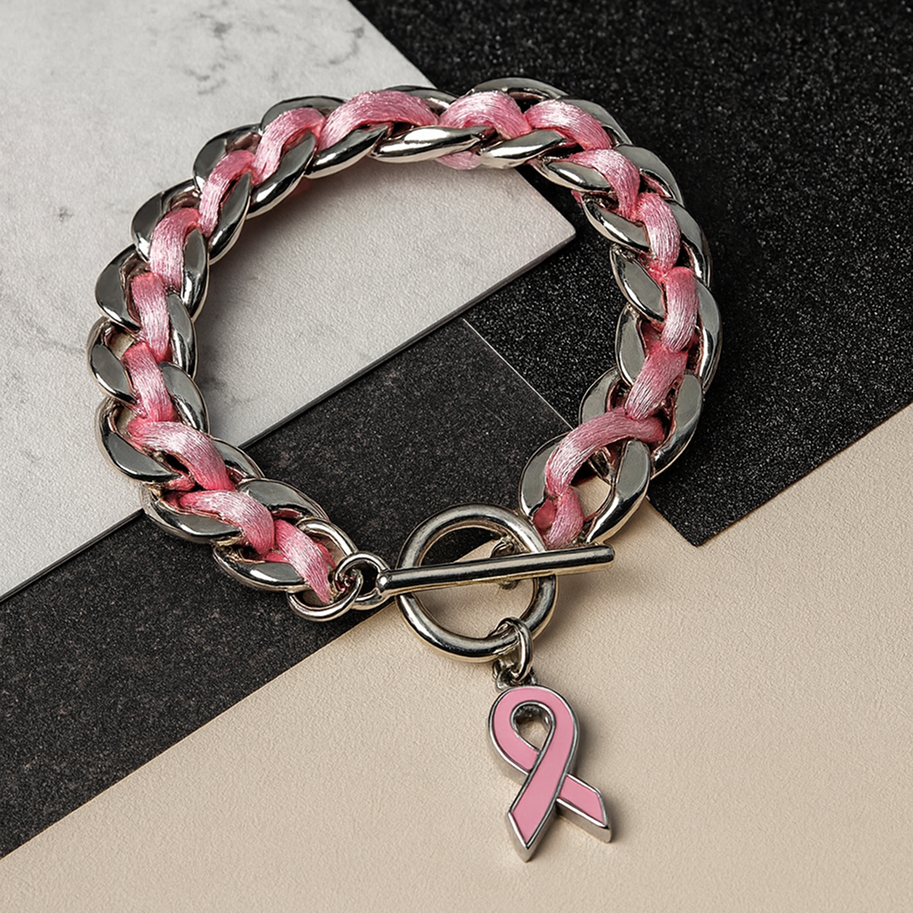 Pulsera de lazo rosa contra el cáncer de mama para mujeres