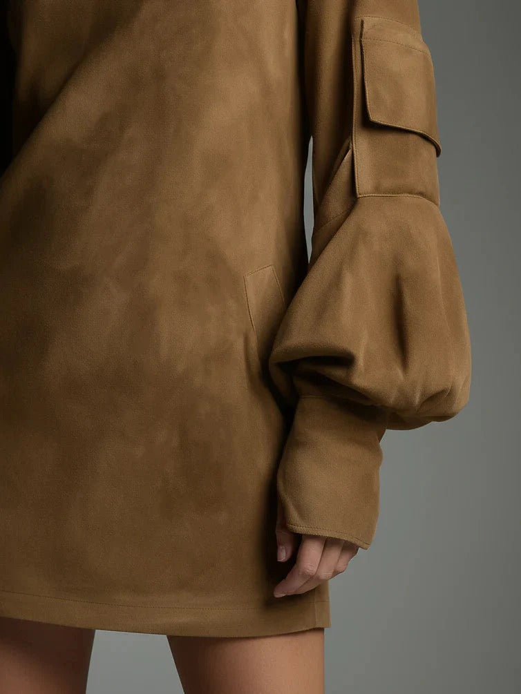 Beli | Minivestido holgado de ante con cuello alto