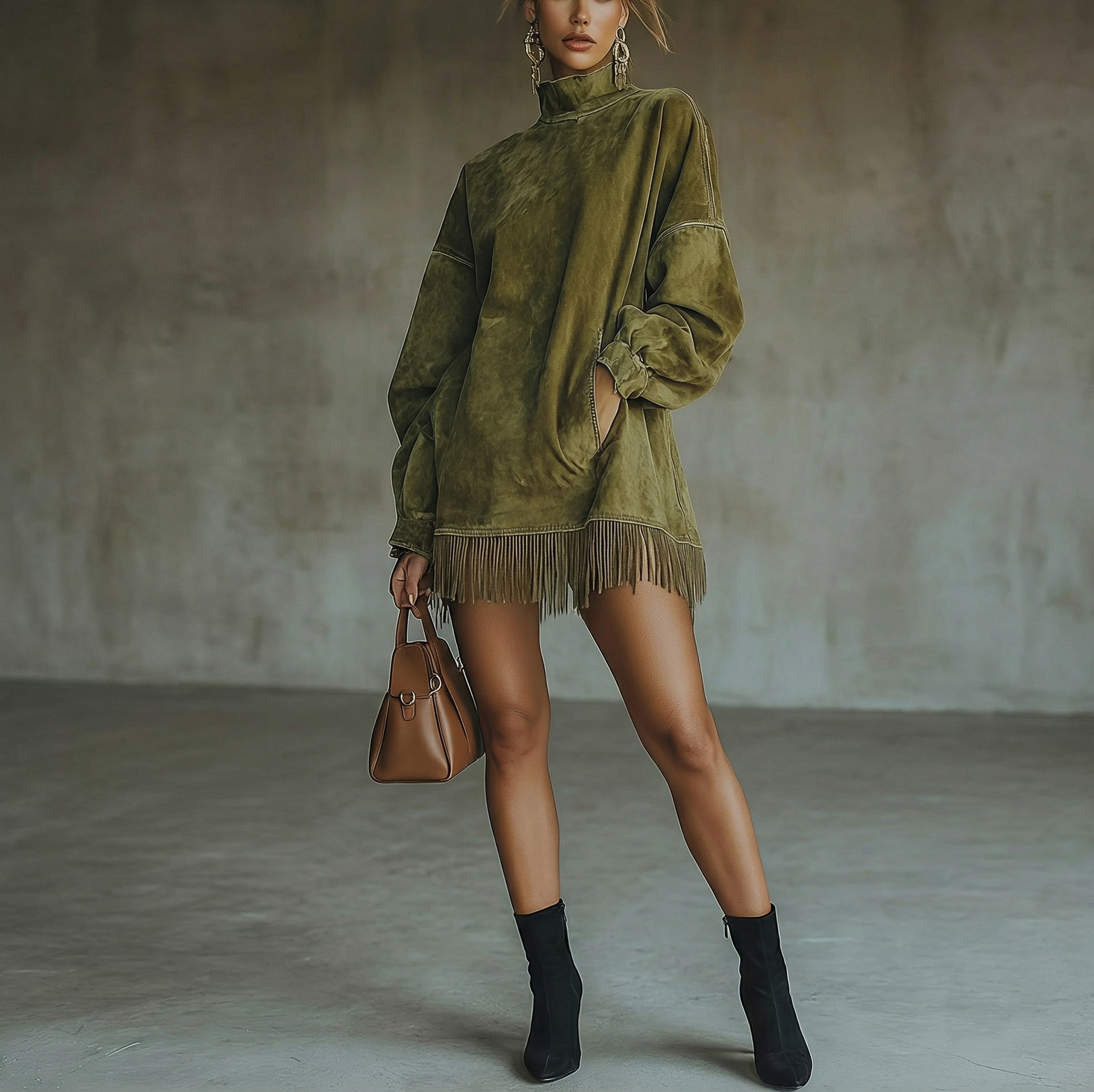 ADELA™ | Vestido de cuello alto de ante con flecos