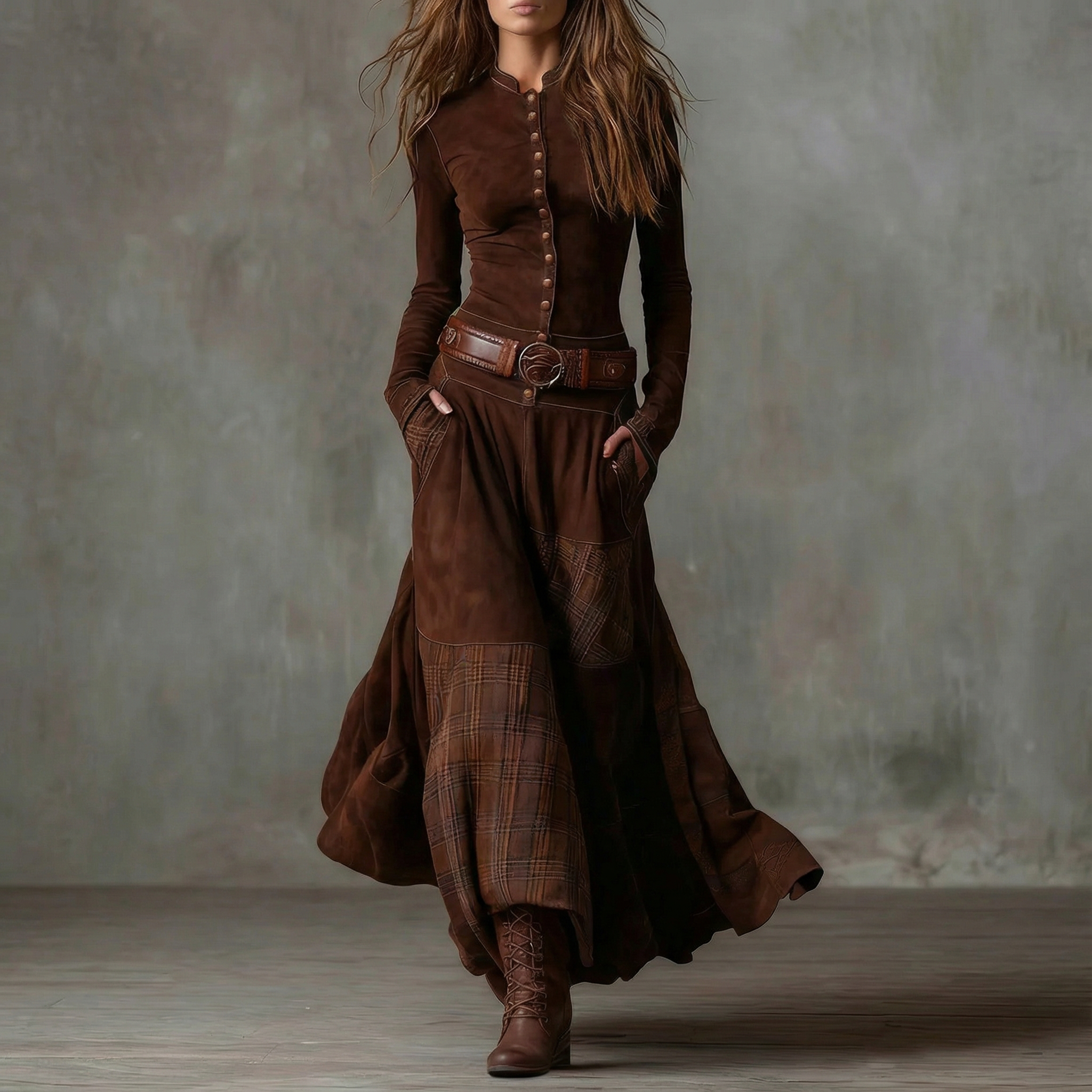 LEONORA™ | Vestido largo de ante a cuadros (incluye cinturón)