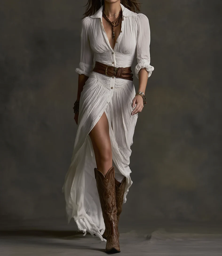 Aurora | Vestido Largo de Lino con Cuello Invertido